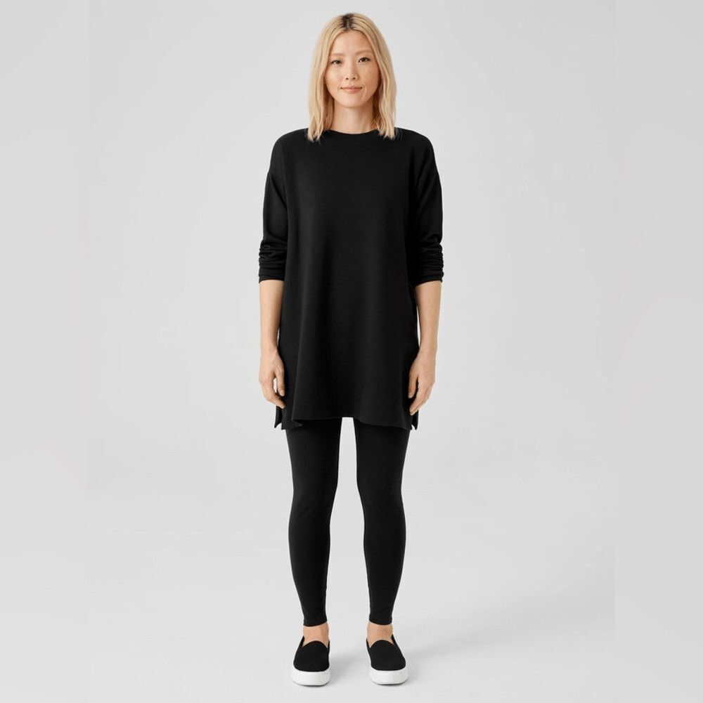 Travel Lounge Eileen Fisher Fleece Crew Boxy Tunic Womens Small Black Side Slits